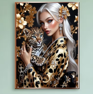 Preview: Diamond Painting Schöne Frau mit ihrem Leopard